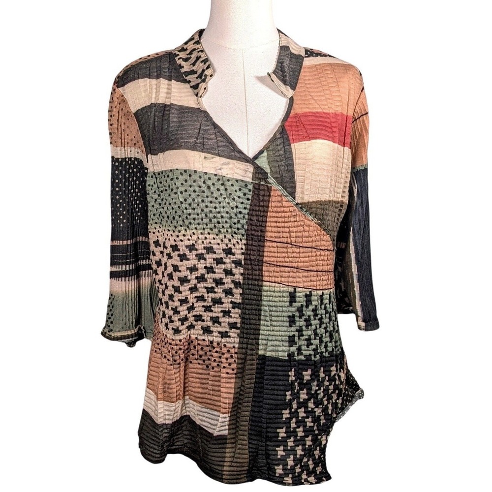 Babette SF Women Large Pleated Patchwork Tunic Top Multi Color 3/4 Sleeve